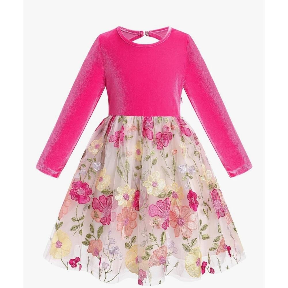 Girls Velvet Dress Floral Embroidery Tulle with Bowknot Headband, Pink Size 9-10 - Picture 3 of 5